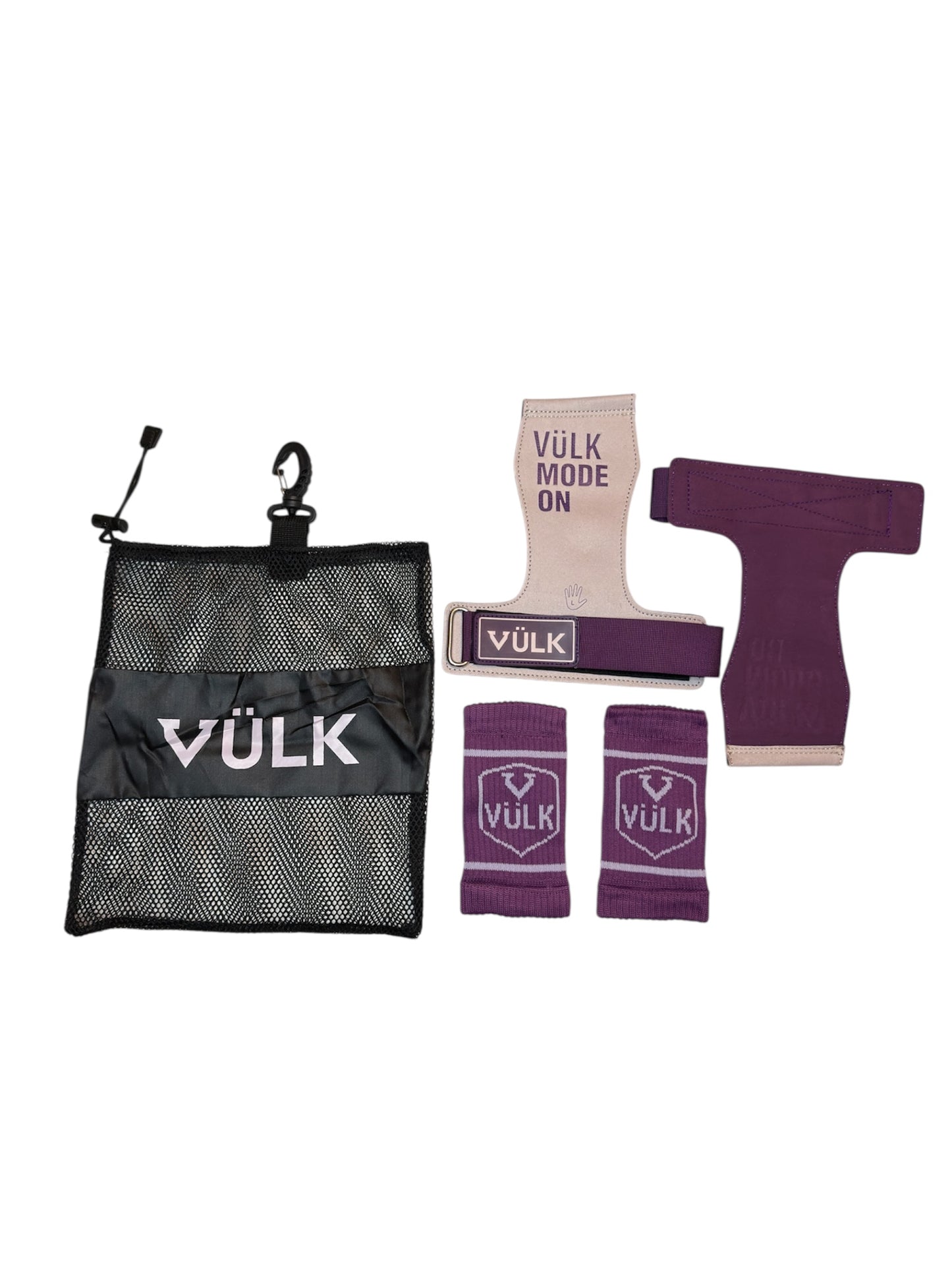 Calleras con magnesio VÜLK + Muñequeras + Bolsa de Transporte PURPURA