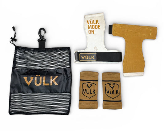 Calleras con magnesio VÜLK + Muñequeras + Bolsa de Transporte MARRÓN